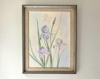 Vintage Iris Flower Original Oil Painting - Framed 15x19.5” - Soft Pastel Floral Wall Art