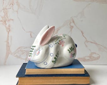 Vintage Chinoiserie Style Ceramic White Rabbit with Hand Painted Blue & Pink Floral Motif