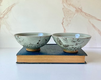 Vintage Japanese Ceramic Bowls – Hand Painted Butterfly Floral Design, Tea Ceremony