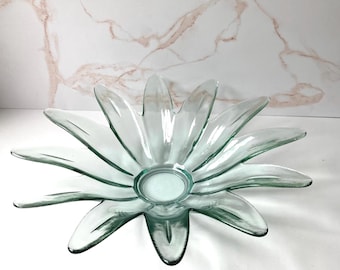 Vintage Flower Petal Decorative Bowl - Green Tinted Glass - Fruit Bowl, Centerpiece