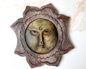 Vintage Handpainted Wooden Sun God Wall Art - Eclectic Boho Home Decor