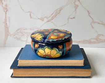 Mexican Talevera Pottery Lidded Trinket Box - Round Hand Painted Blue & Yellow Sunflower Motif