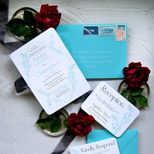 Aqua Blue Floral Wedding Invitation: Romantic Regency Invite