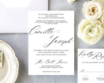 Elegant Calligraphy Wedding Invitation: Classic Black & White Script Invite Suite