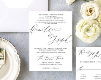 Simple Wedding Invitation, Elegant Invitation Suite, Black and White Wedding Invite, Calligraphy Wedding Invitation Set, Romantic Invitation