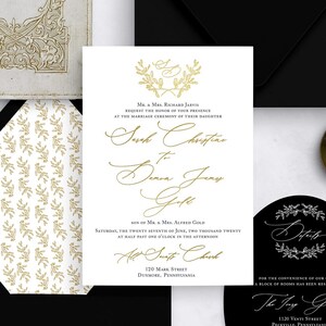 May include: A wedding invitation suite with black and gold accents. The invitation features a gold floral design and the text "Sarah & Christine" and "Dinner & Dance". The RSVP card features a gold floral design and the text "Kindly Respond by May 27th, 2020".