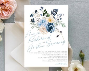 French Blue Floral Wedding Invitation Suite: Romantic Garden Wedding Invite