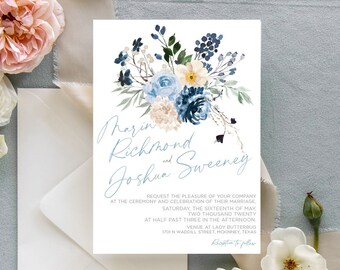 French Blue Floral Invitation, Boho Wedding Invitation Suite, Romantic Wedding Invites, Garden Wedding Invitation Set, Dusty Blue Invitation