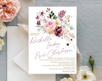 Dusty Rose Floral Wedding Invitation, Blush Garden Wedding Invite, Romantic Wedding Invitations,  Floral Invitations, Modern Wedding Invites