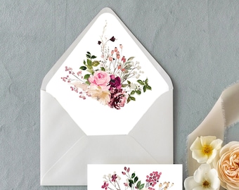 Forro para sobre de boda con acuarela floral: inserto para sobre de invitación con diseño de jardín de rosas polvorientas (tamaño 5x7)
