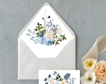 Forro para sobre de invitación de boda con flores azules: tamaño A7 (hazlo tú mismo)