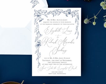 Navy Floral Wedding Invitation: Elegant and Romantic Invite Suite with Flower Frame