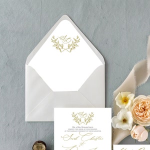 Illustrated Olive Branch Wedding Envelope Liner, Garden Wedding Invitation Envelope Liner, Gold Monogram Wedding Invitation Envelope Liner