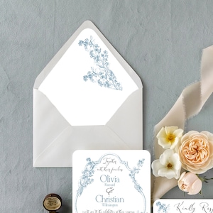 Fodera per busta per matrimonio blu francese, fodera per invito fai da te blu polveroso, fodera per busta floreale vintage, fodera per busta per invito matrimonio elegante