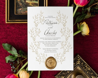 Gold Garden Wedding Invitations, Floral Frame Wedding Invite, Romantic Wedding Invitation, Calligraphy Invitation, Elegant Wedding Invites