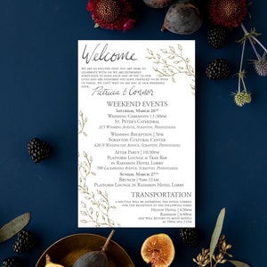 Gold Wedding Welcome Card, Hotel Bag Card, Wedding Welcome Bag Insert Card, Wedding Events Card, Secret Garden Wedding Welcome Bag Card