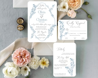 Pastel Blue Floral Wedding Invitation Suite: Garden Baroque Invite