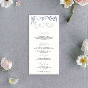 Fine Art Wedding Menu, Floral Wedding Menu Card, Garden Wedding Decor, Romantic Wedding Menus, Printed Wedding Menus, Blue Wedding Decor