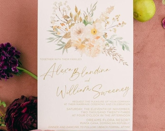 May include: A wedding invitation with a watercolor floral design in shades of yellow, white, and green. The invitation is for Alexa Blandina and William Sweeney, and it states the wedding will take place on Saturday, November 11th, 2023 at 4:00 PM at Dreams Flora Resort in Punta Cana, Dominican Republic. The invitation also states that dinner and dancing will follow, with a beach formal attire.