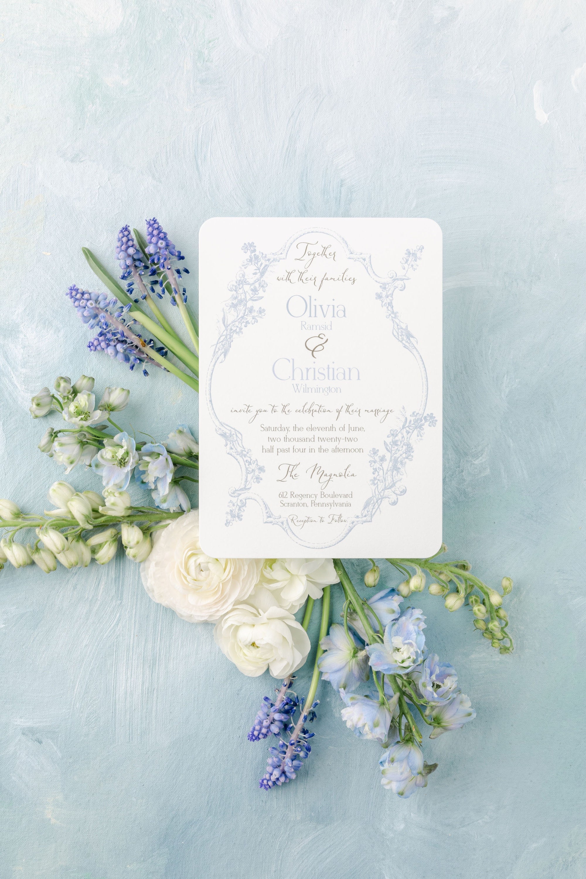 Romantic Secret Garden Wedding Invitation Pale Blue Wedding Invitation Elegant Wedding Invites Floral Frame Regency
