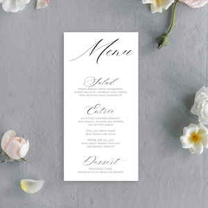 Classic Wedding Menu, Calligraphy Script Menu Card for Weddings, Romantic Wedding Menu Card, Printed Wedding Menu Card, Elegant Wedding Menu