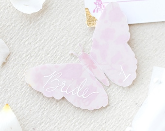 Butterfly Calligraphy Wedding Place Card, Floral Vellum Escort Card