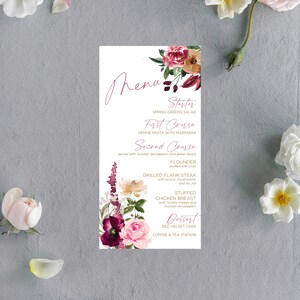 Tarjeta de menú de boda floral, menú de boda romántico, decoración de boda en el jardín, menú de boda rosa, tarjeta de boda impresa, menú de flores de boda elegante