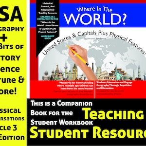 May include: A yellow and black book cover with the title "Where In The World? United States & Capitals Plus Physical Features!" by Amanda Predmore. The cover features a world map with a hand holding a yellow pencil pointing to the United States. The book is described as a companion to the "Where In The World?" Geography Book Series.