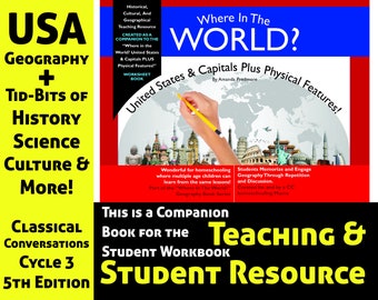 Homeschool US History+Geography:Paperback Teaching and Student Resource Guide-US States & Capitals+Physical Features-CC Geo 5thEdCy3-FreeSH