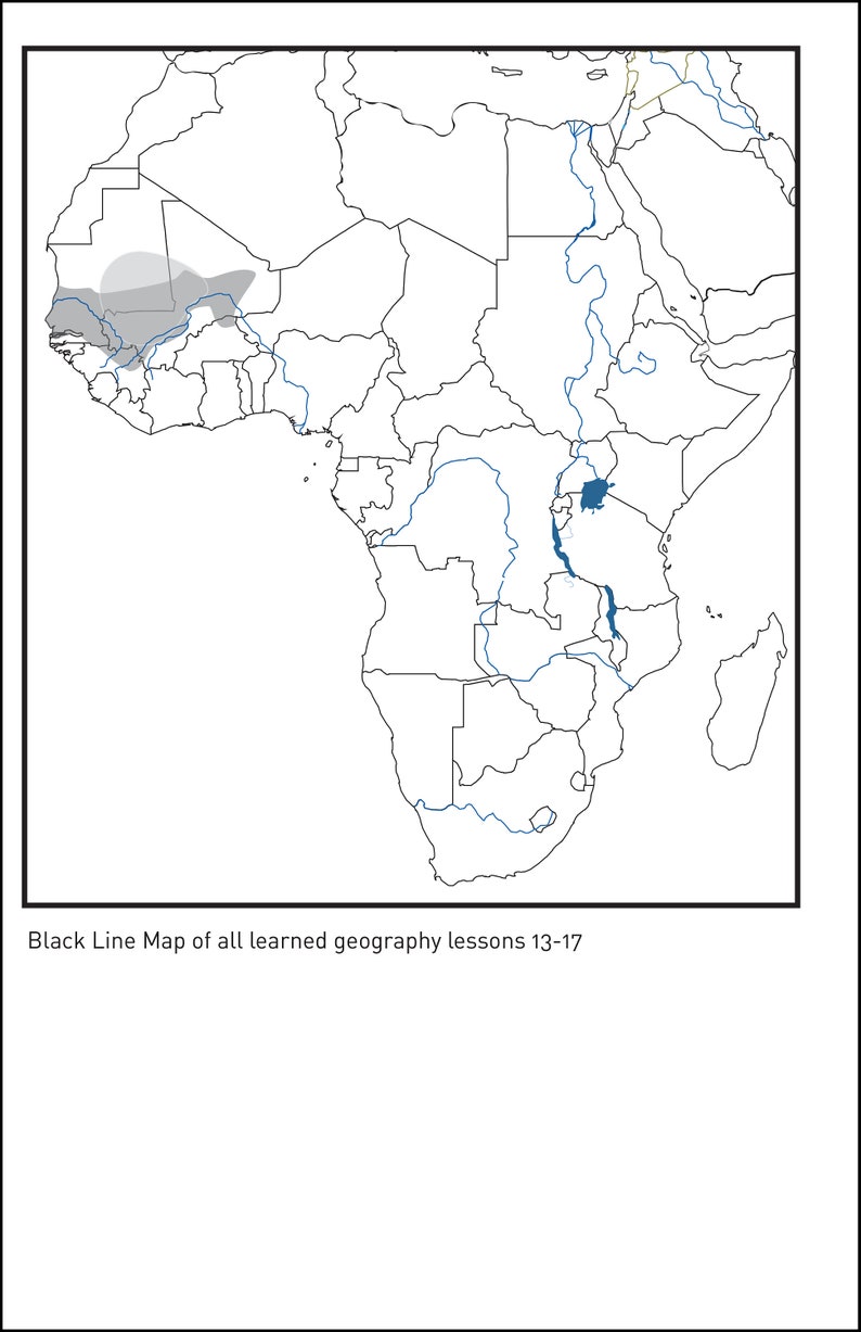 Puede incluir: Un mapa de l&iacute;neas negras de &Aacute;frica con los pa&iacute;ses delineados. El mapa muestra el r&iacute;o Nilo, el desierto del Sahara y los Grandes Lagos.