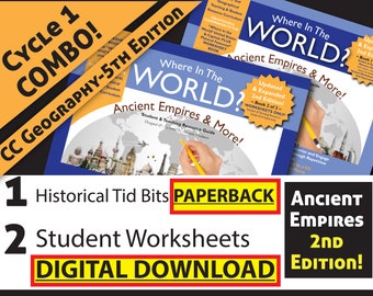 AncientEmpiresGeography-Book#1 Student&Teacher's ResourceGuidePaperback PLUS DigitalBook #2 StudentWorksheets CC Geo-Cyc 1-S+H Free