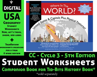 Cuaderno de trabajo digital para estudiantes de geografía de EE. UU. de educación en el hogar (Libro 2 de 2) - Memorice los estados y capitales de EE. UU. + características físicas - CC Geo-5thEd-Cycle 3