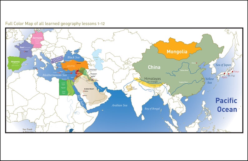 Puede incluir: Un mapa del mundo a todo color, que muestra los pa&iacute;ses de China, Mongolia, Jap&oacute;n y las &aacute;reas circundantes. El mapa tambi&eacute;n muestra el Himalaya, el Mar Ar&aacute;bigo, la Bah&iacute;a de Bengala y el Oc&eacute;ano Pac&iacute;fico.