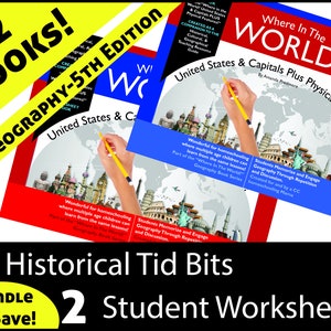 May include: A bundle of two educational books for homeschooling children. The books are titled "Where In The World? United States & Capitals Plus Physical Features!" and "CC Geography - 5th Edition United States & Capitals". The books are red and blue with a world map and illustrations of famous landmarks.