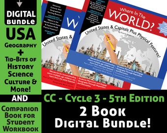 Homeschool US History and Geography Digital 2 Book Bundle-Memorize US States & Capitals + Physical Features CC Geography 5thEd-Cy3
