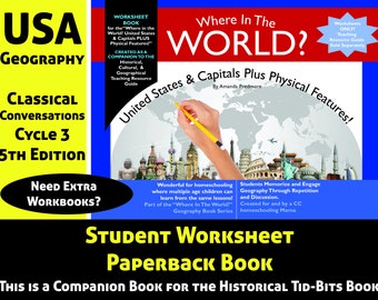 Homeschool US Geography Student Workbook -1 Paperback Book -Memorize US States & Caps + Physical Features CC Geography 5thEd-Cy3-Ships Free!
