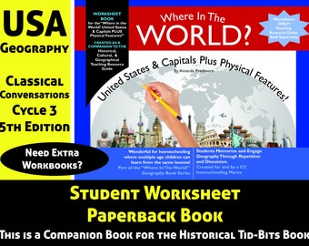 Homeschool US Geography Student Workbook -1 Paperback Book -Memorize US States & Caps + Physical Features CC Geography 5thEd-Cy3-Ships Free!