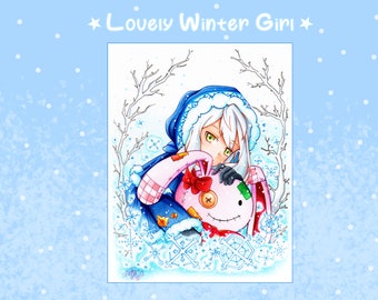 Lovely Winter Girl Art Print, Original Drawing Art Print, Cute Mini Print, Anime Girl Print, Journal, Lovely Decoration, Kawaii Girl Print