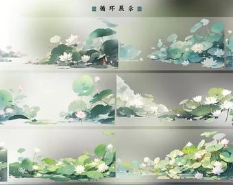 May include: Watercolor painting of white lotus flowers and lily pads floating on water. The artwork features a soft, muted color palette of greens, whites, and grays. The image is divided into several horizontal sections, each depicting a different arrangement of the flowers and foliage.