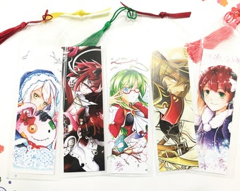 May include: Four colorful anime character bookmarks with tassels. The bookmarks feature a girl with blue hair and a white dress, a boy with red hair and a black shirt, a girl with green hair and a red dress, and a boy with brown hair and a red and gold shirt.