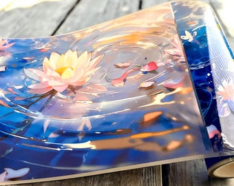 May include: A roll of decorative washi tape featuring a serene pond scene. The design includes a large lotus flower, lily pads, and butterflies, with a color palette of blues, pinks, and oranges. The tape is partially unrolled, revealing the detailed artwork.