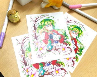 May include: Three illustrations of a girl with green hair and a halo, wearing a red and white dress, surrounded by pink flowers and green leaves. The girl is holding a book in her hand.