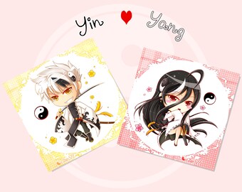 May include: Two illustrations of anime characters, one male and one female, with black and white yin yang symbols. The male character is on a yellow background with a sword and the female character is on a pink background with long black hair.