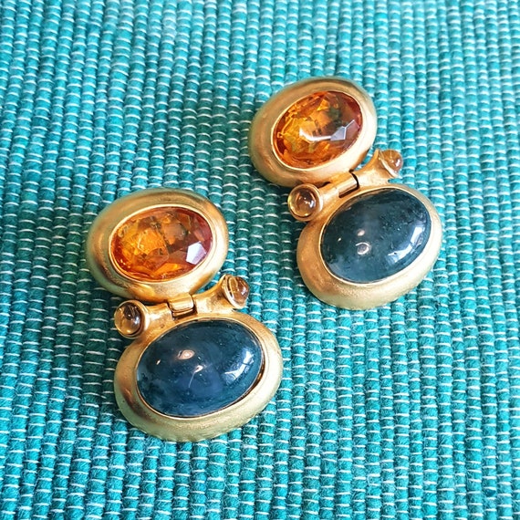 Clip On Earrings Gold Plated Green Orange Glass Si