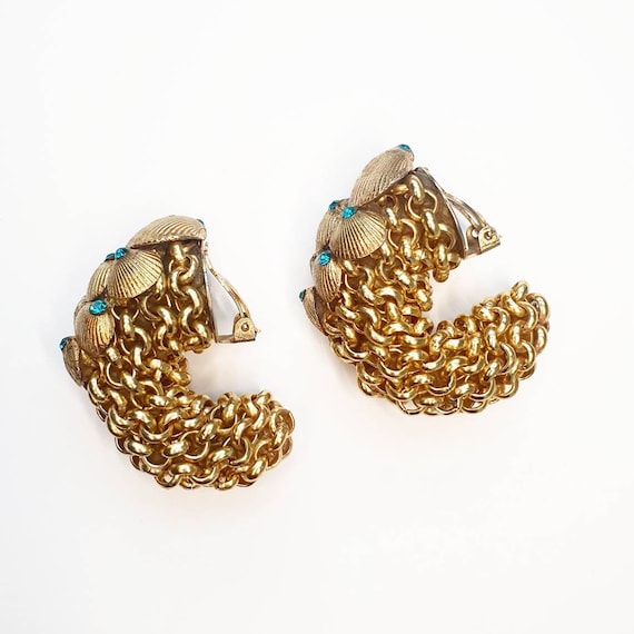 Gold Shell Chain link Clip on Earrings Blue Aqua R