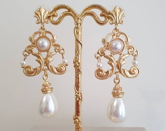 Gold Black Pearl Chandelier Earrings Pierced