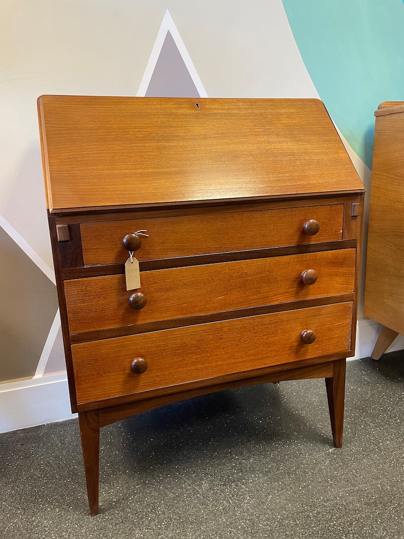 Teak Mid-century Bureau: Retro Writing Desk & Drinks Cabinet - Etsy UK