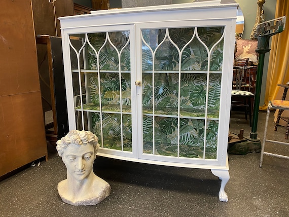 White Display Cocktail Cabinet With Botanical Interior Design Etsy