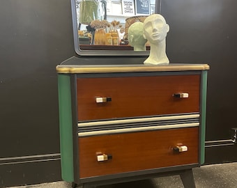 Tocador Art Déco (Vendido), Estilo Regencia Hollywood, en tonos negro carbón, helecho y crema