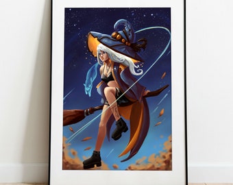 Night time Witch Art illustration, Digital art print, witch painting